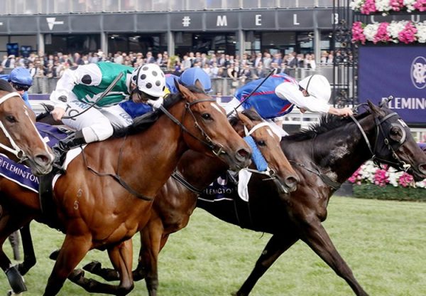 Bleu Roche (Fastnet Rock) winning the G3 VRC Red Roses Stakes at Flemington